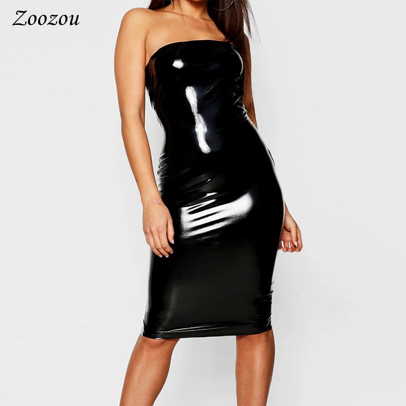 Frauen Sexy Patent Leder Spaghetti Strap Kleid Zurück Zip Sommer Ärmel Split Bleistift Kleider Bodycon Nachtclub Tragen Custom