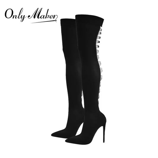 Onlymaker frauen Stiefel Spitz Schwarz Über Das Knie Oberschenkel Hohe Stiletto Stretch Socke Sexy Mode Strumpf Sexy Lange stiefel