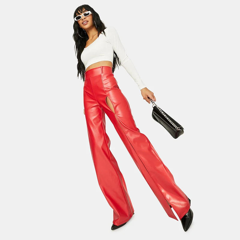 Faux Leather Front Split Flared Pants