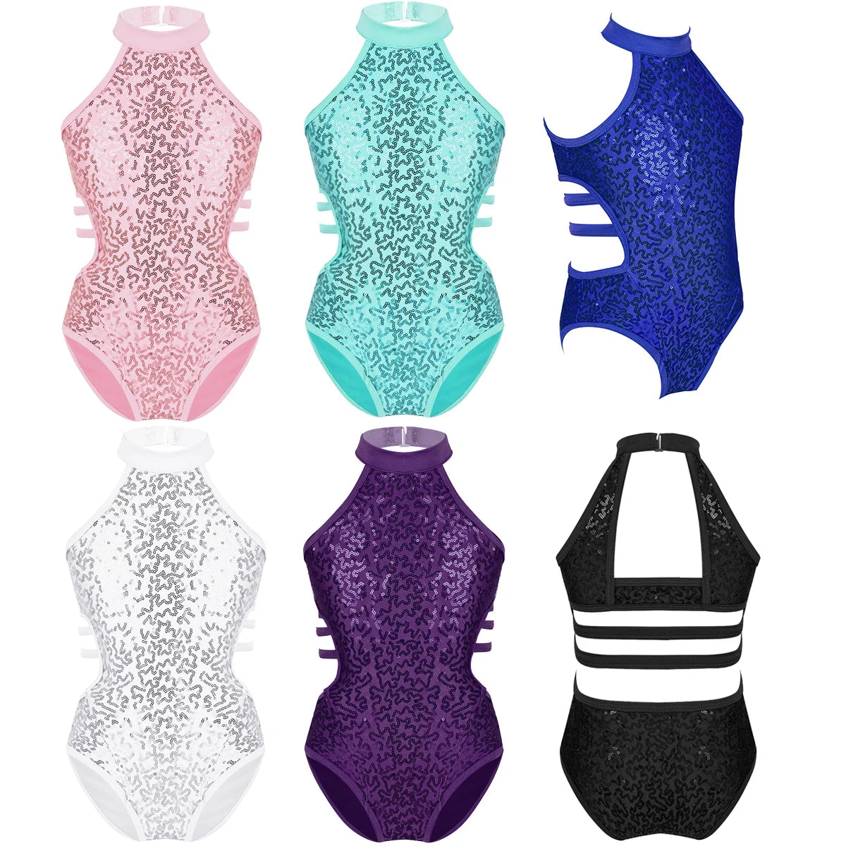 Sleeveless Sparkly Sequins Cutout Back Strappy Waist Gymnastics Leotards for Girls Ballet Dance Costume Kids Dancewear