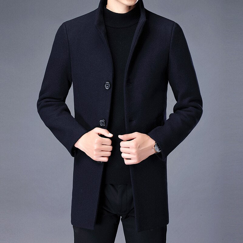 Winter Wool Coat Men Thick Coats Slim Fit Stand Collar Mens Fashion Wool Blend Outwear Jackets Smart Casual Trench Coat