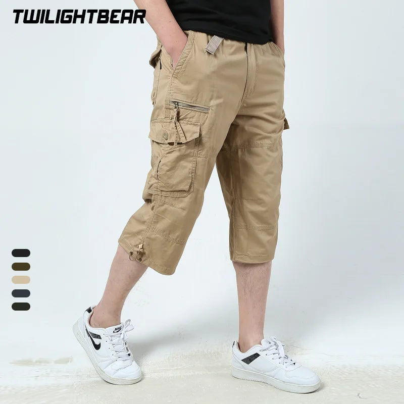 Oversized Men's Cropped Pants Summer Multi-pocket Camo Casual Shorts Pure Cotton Calf Length Pant Men Cargo Pants 5xl A1F1219