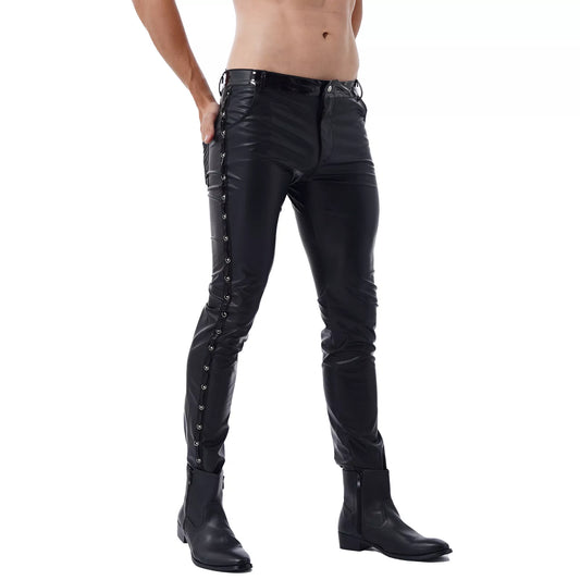 Men Leather Pants Skinny Fit Elastic Style Fashion PU Leather Trousers Motorcycle Pants for Party Stage Performance Night Club