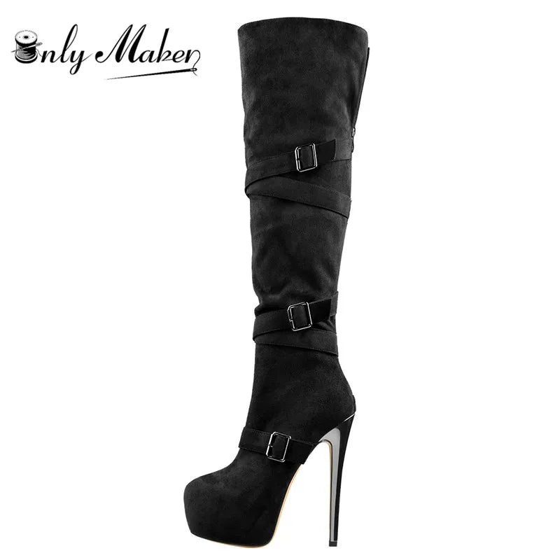 Only maker Frauen schwarze Plattform über dem Knie Stiefel 16cm High Heel Stiletto Schnalle High Back Reiß verschluss Plus Size Stiefel