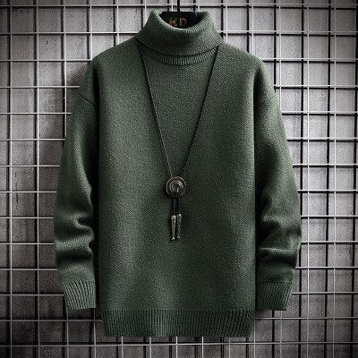 Winter Men&#39;s Turtleneck Sweater Solid Color Warm Pullovers Men Knitted Sweater Korean Casual Mens Pullovers White Black Clothes