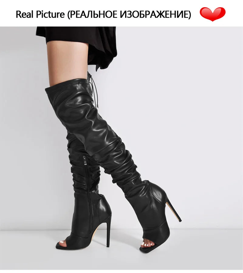 Only maker Frauen Peep Toe schwarz matt über dem Knie Stiefel prägnante Mode Stiletto High Heel Reiß verschluss Stiefel