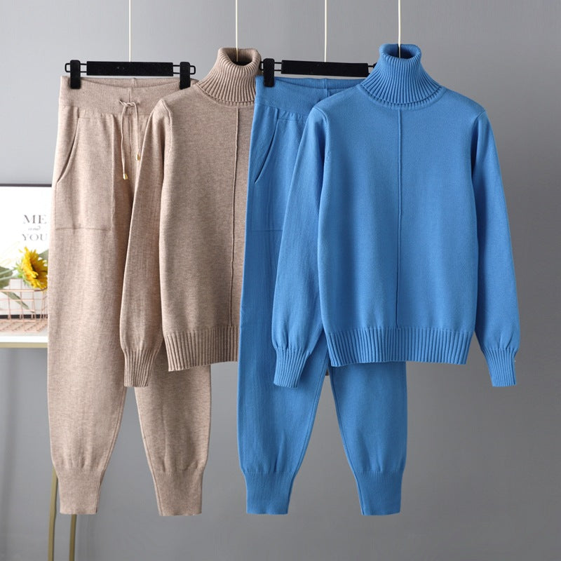 Magdalyn Frauen Winter warme Strick anzüge Mode solide Roll kragen pullover lange Harems hose Trainings anzüge Herbst lässig 2 Stück Pullover Set