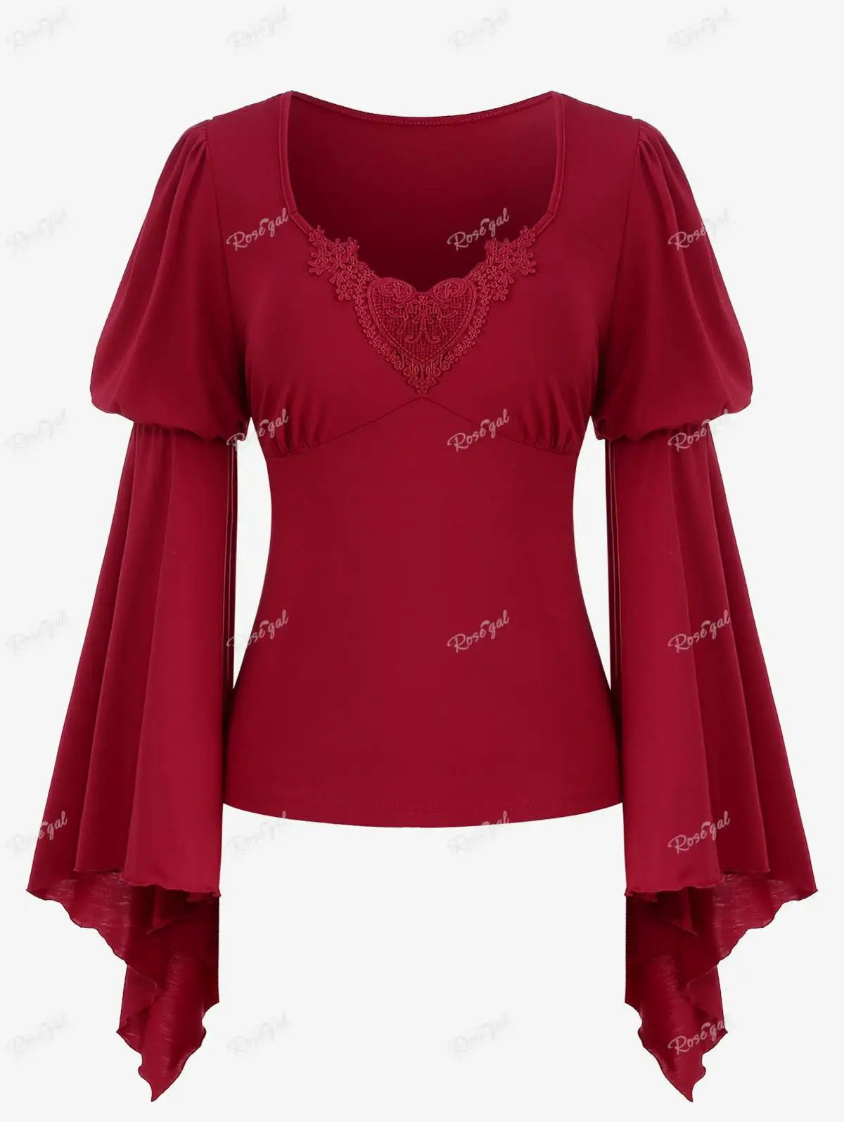 Rosegal Plus Size Gothic Red T-Shirt herzförmige Applikationen geraffte Tops neue Frühling Herbst quadratischen Hals lange Flare Ärmel Blusen