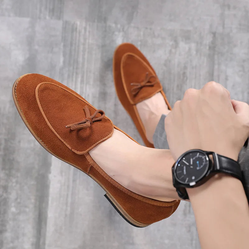 Men's Casual Shoes Nubuck Genuine Leather Men Trendy Bowknot Party Wedding Loafers Flats Mens Driving Moccasins EUR Sizes 38-48