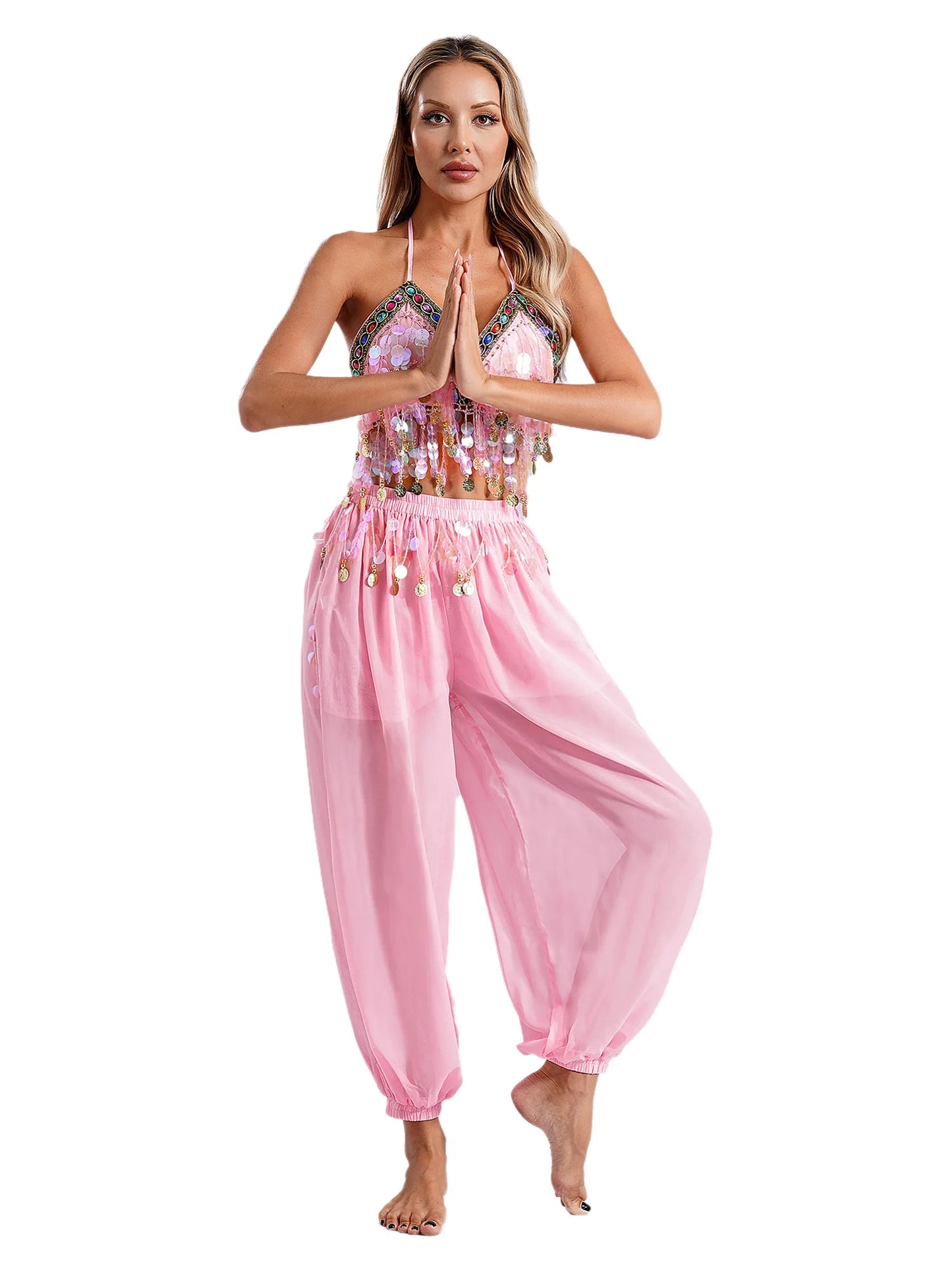 Damen Bauchtanz Outfit Pailletten Tops mit Harems hosen Halloween Kostüm Bollywood indischen Tanz Bühne Performance Kostüm