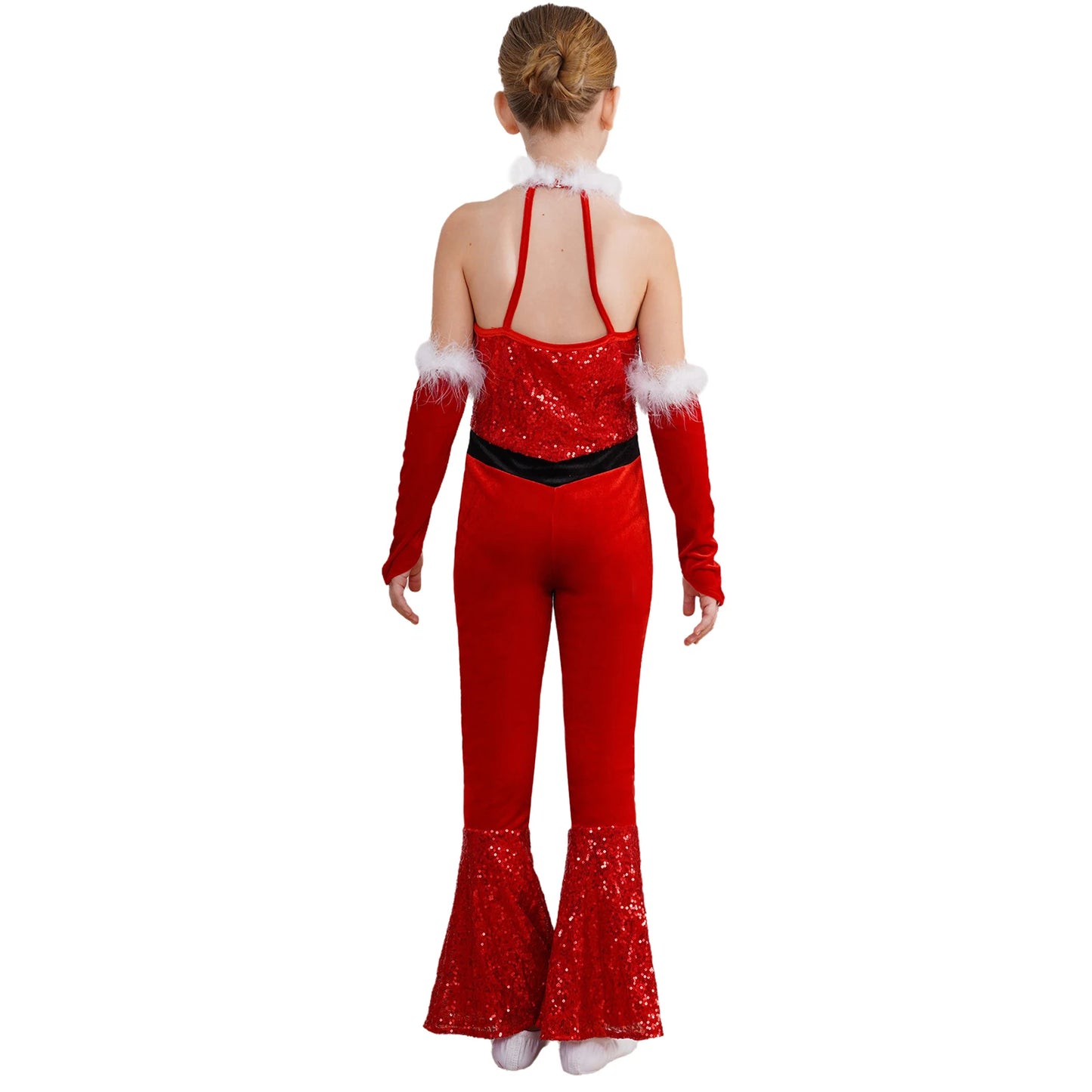 Girls Christmas Costume Santa Claus Velvet Sequins Bell Bottoms Jumpsuit with Arm Sleeve Merry Xmas Holiday Festive Outfits