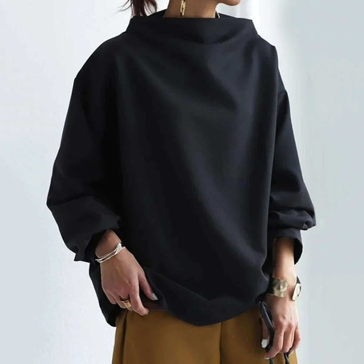 Yeezzi Frühling Weibliche Tops Mode Lässig Einfarbig High-Neck Long Sleeves Baumwolle Schwarz Shirts Für Frauen 2023