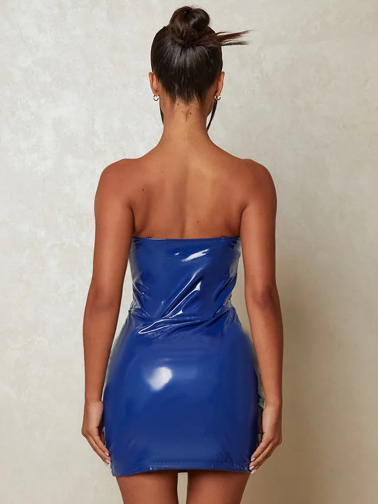 Mozision Off-shoulder Strapless Pu Leather Dress Women 2023 New Sleeveless Backless Skinny Sexy Dress Femme Fashion Vestidos