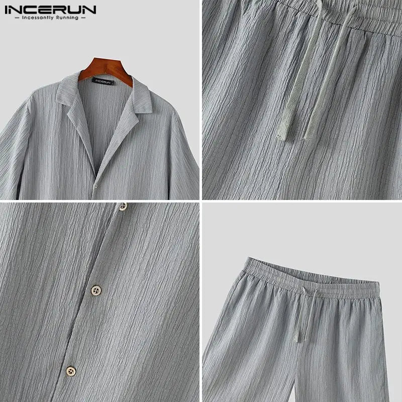 INCERUN Men Sets Solid Color Pleated Lapel Short Sleeve Shirt & Shorts Two Pieces Sets Streetwear 2024 Loose Men's Casual Suits