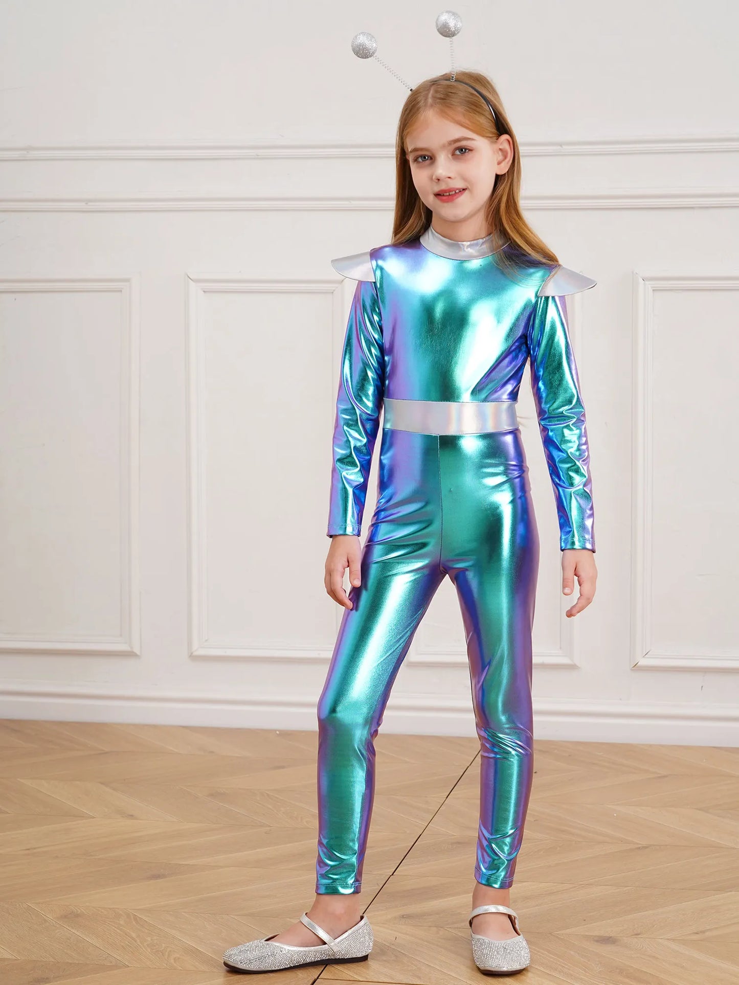 Kinder Mädchen Alien Kostüm Weltraum Kadett Holographische Metallic Ganzkörper Bodysuit Overall Halloween Party Cosplay Dress Up