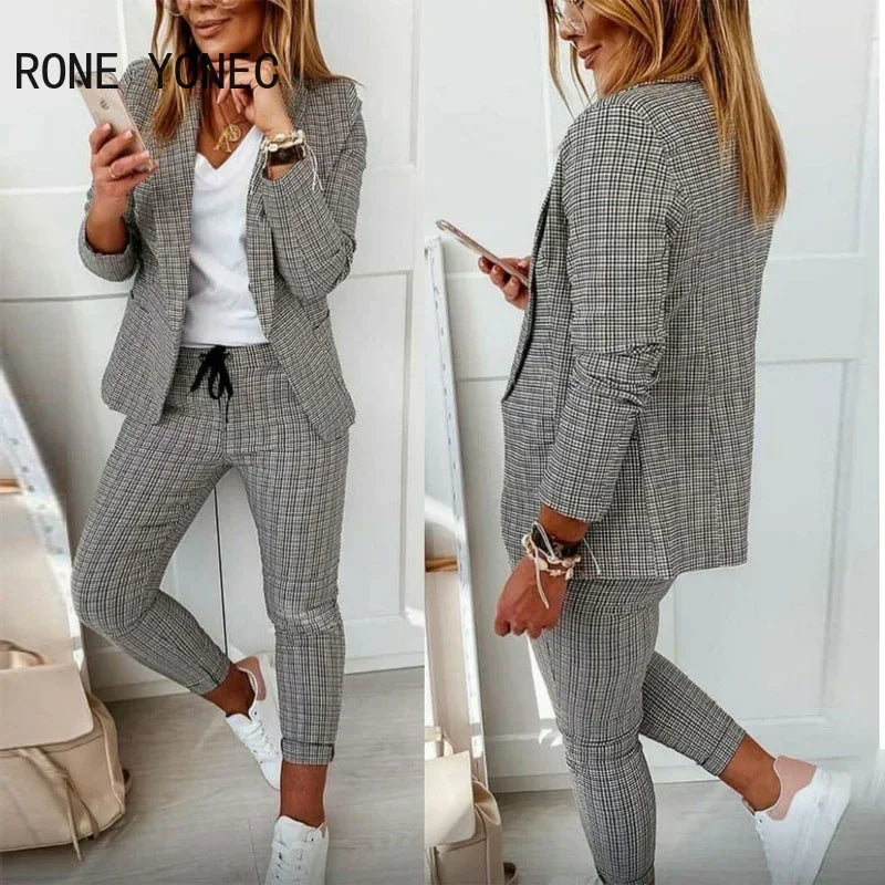 Frauen Elegante Plaid Print Blazer Mantel & Kordelzug Hosen Set Frauen Zwei Stück Set