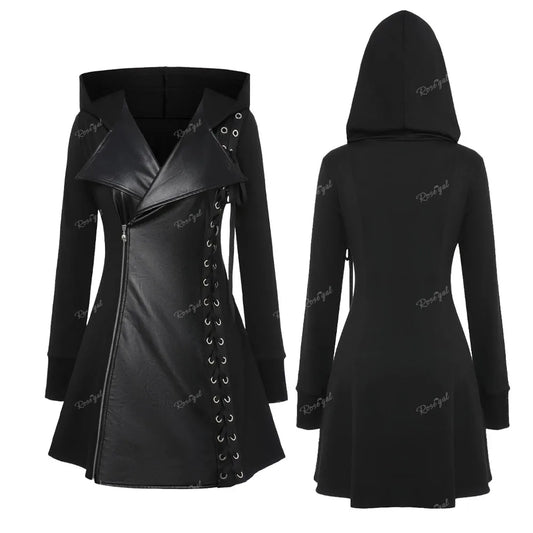 Rosegal Plus Size Gothic Pu Panel Kapuzen mäntel schwarz schlanke Outwear Turn-Down-Kragen Schnür geflochtene Tülle Seite Reiß verschluss Jacke Mantel