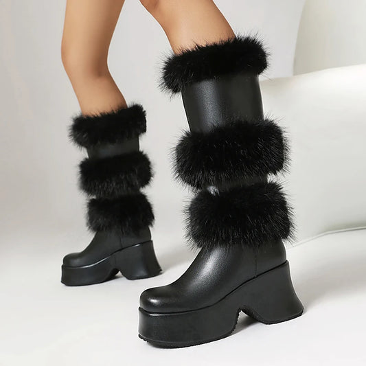 Dicke Sohlen, höhenvergrößernd, modische Damenstiefel, Fellspleißen, PU, hohe Plattform, Slip-on-Kniehohe Stiefel, hohe Röhre, Schneestiefel