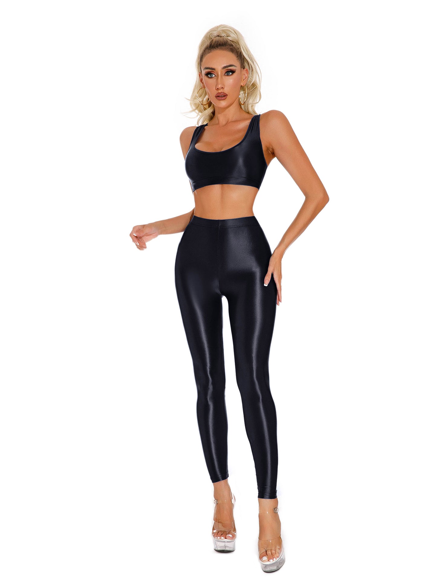 Damen glänzendes Öl ärmelloses U-Ausschnitt Racer back Crop Top mit Leggings für Tanz Yoga Sport Gym Fitness Übung Active wear