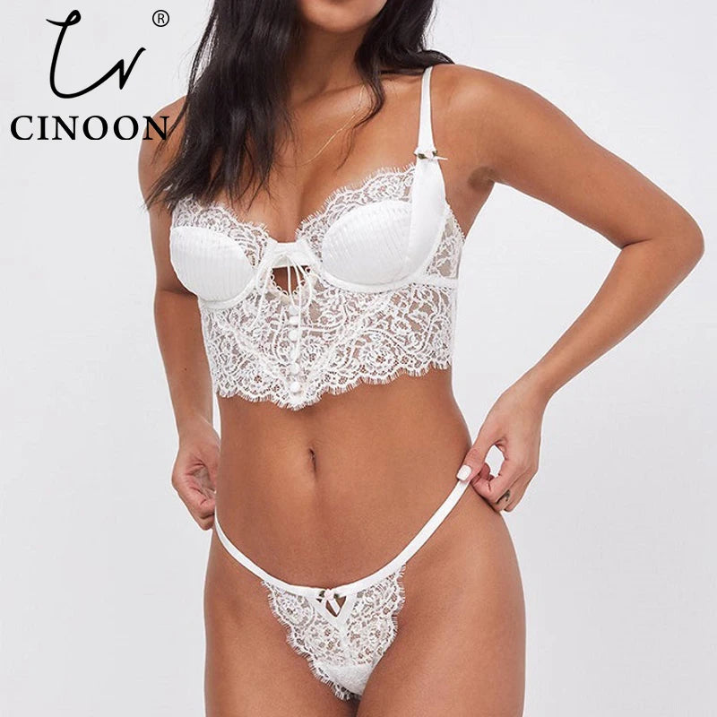 CINOON French Lingerie Sexy Women&#39;s Underwear Set Push Up Brassiere Lace Hollow Out Bra Panty Sets Wedding White Thin Underwear