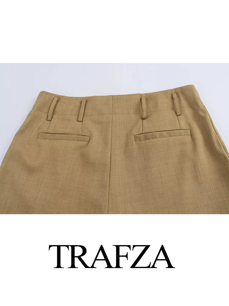 Trafza Herbst neue Mode Frauen lose lange Hosen Khaki hohe Taille Taschen Knopf Reiß verschluss Hose weibliche lässige Hose mit weitem Bein