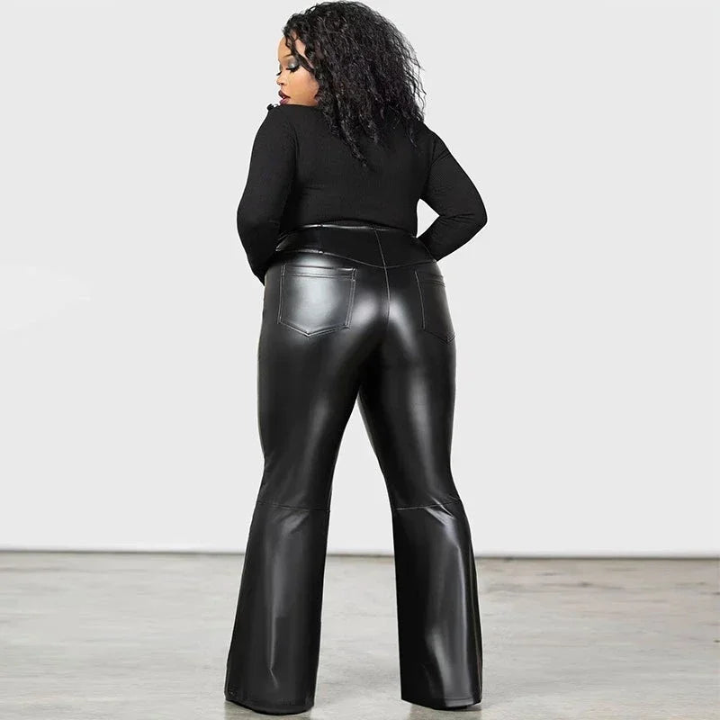 Plus Größe Stretch Bodycon Pu Hosen 7XL Frauen Hohe Taille Schwarz Faux Leder Flare Hosen Benutzerdefinierte 6XL Büro Dame Dünne Hosen neue