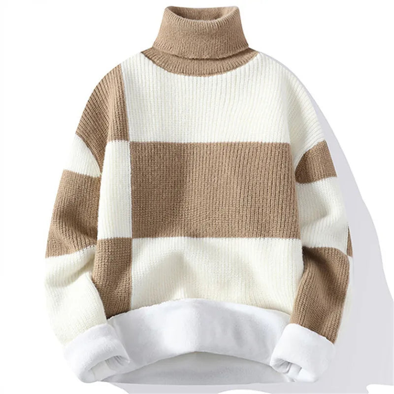 Neue Winter Fleece Roll kragen pullover Männer warm gestrickte Pullover Mode Patchwork Strick pullover Herren lässig Pullover Strickwaren