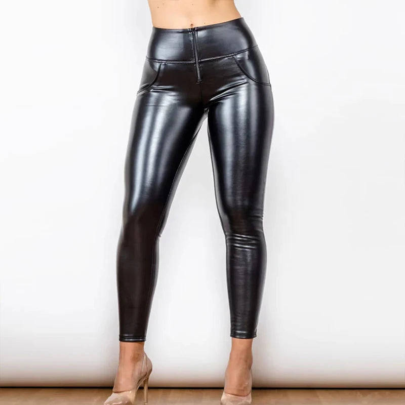 Women Stretchy Faux Leather Leggings Pants Sexy Mid Waisted Slim Tights Elastic Shaping Hip Push Up PU Tights Joggers Nightclub
