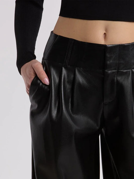 Matte Kunstleder Frauen elastischen Bund gerade Hosen Dame Stretch Pu Mode lose Hosen mit Taschen neue lässige benutzer definierte