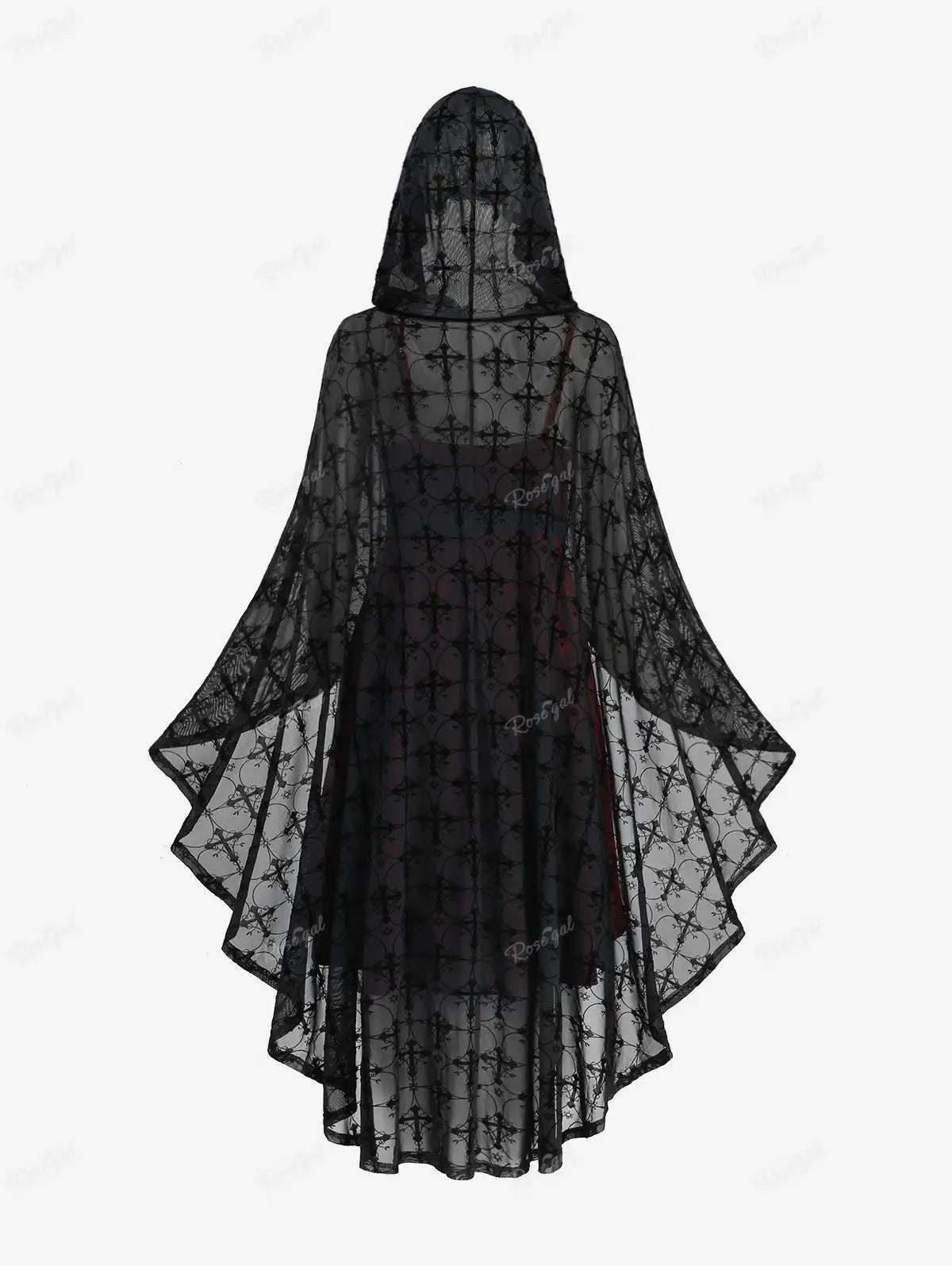 ROSEGAL Damen-Kleid und Umhang in Übergröße mit Gürtel, rote Rüschen, gerüschtes Samt-Cami-Kleid, schwarze Beflockungs-Mesh-Kapuzenponchos