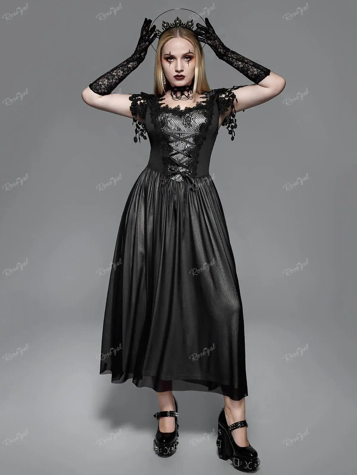 Ros gal plus Größe Gothic Lace Panel Mesh Quasten Schnür Maxi kleid Frauen Sommer langes Kleid schwarz Korsett Party kleid Vestidos