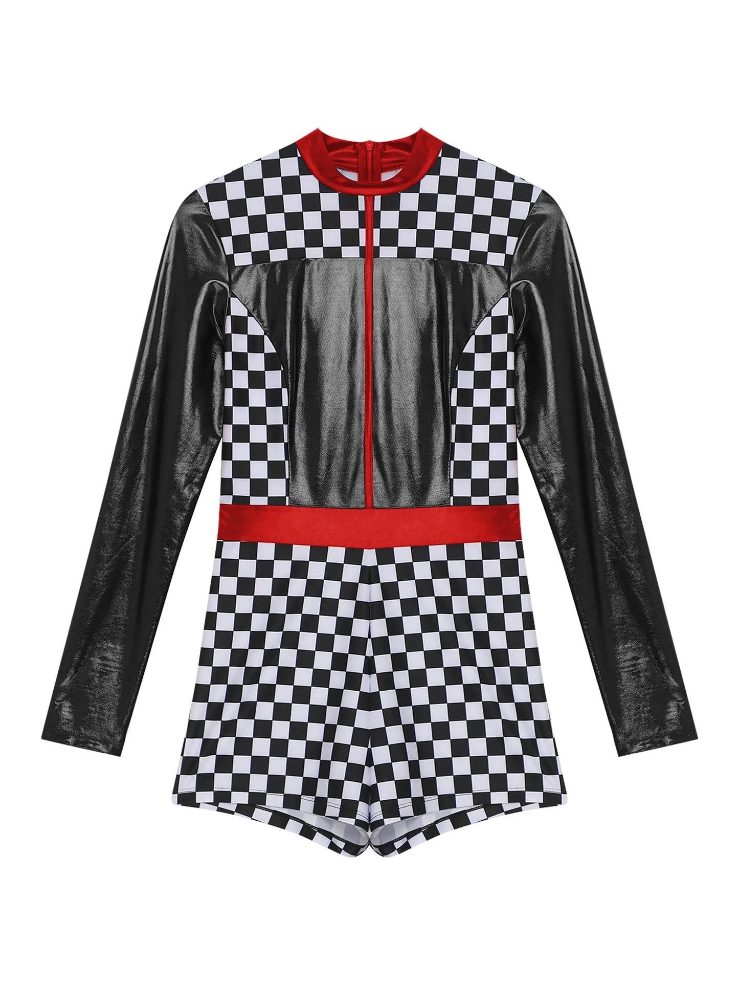 Womens Speed Car Driver Kostüm Halloween Racer Pullover Langarm Metallic Bodysuit Overall Cosplay Party Kostüm