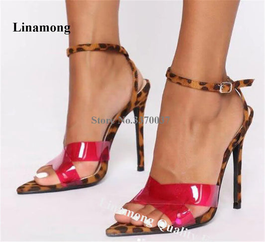 PVC Patchwork Leopard Sandalen Linamong Neueste Spitz Offene spitze Riemen Kreuz Stiletto Absatz Kleid Schuhe Große Größe Transparent Ferse