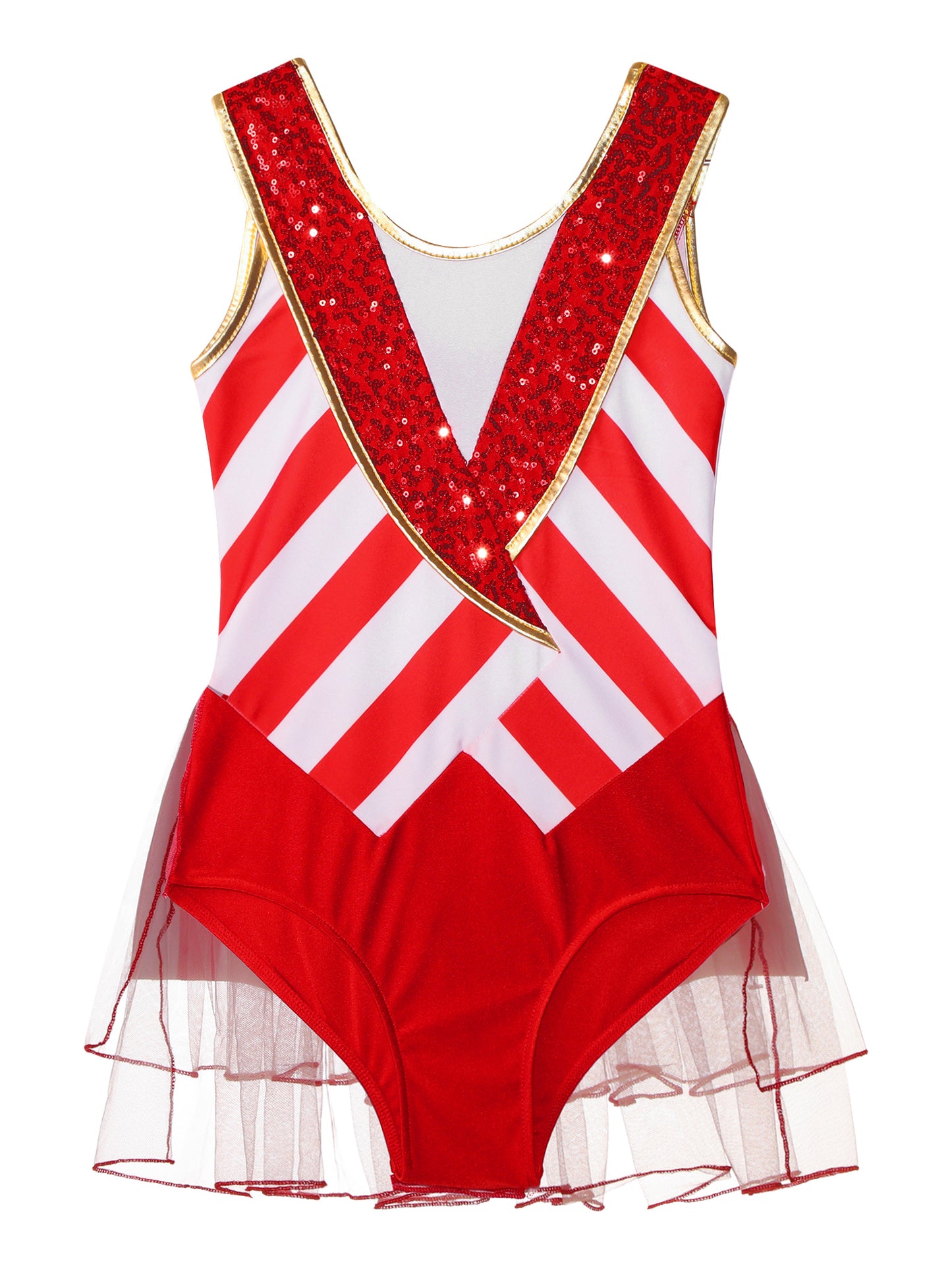 Kids Girls Sequins Candy Cane Christmas Costume Sleeveless Santa Sweetie Xmas Dance Gymnastics Leotards Dress for Holiday Party