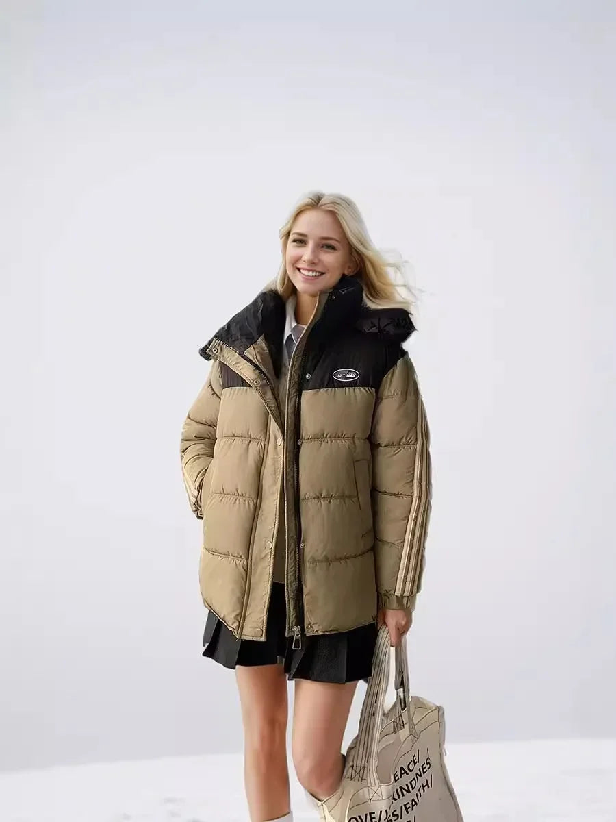 2024 neue Winter Damen jacke Kontrast lässig Kapuze Daunen Baumwoll jacke weiblich verdicken warme lose Puffer gepolsterte Parkas Mäntel