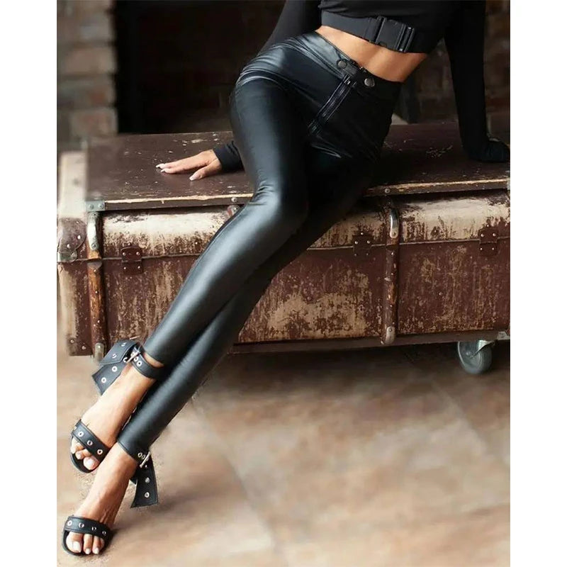 Women's Sexy Patent Leather Tight Pencil Pants, Slim Trousers, Trendy Streetwear, Club Party, Summer, 2023