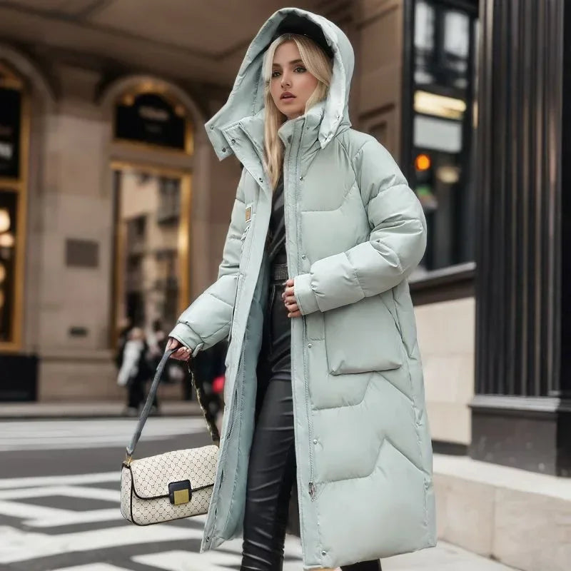 2024 Winter Parka Woman Long Jacket Hooded Thicken Loose Zipper Pockets Warm Snow Wear New Casual Female Down Cotton Padded Coat