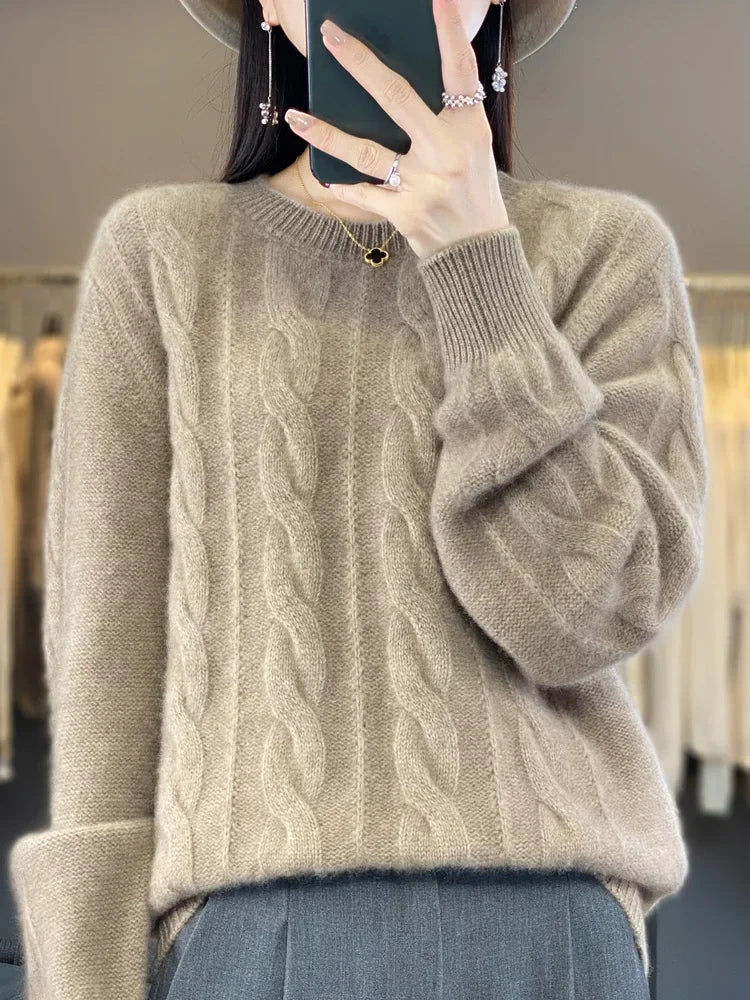 Frauen Winter Pullover 100% Merino Wolle Dicke Warme Oansatz Pullover Twist Blume Kaschmir Strickwaren Casual Koreanische Beliebte Kleidung