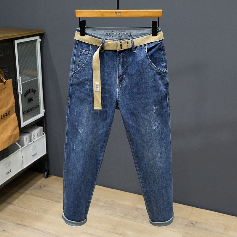 SHAN BAO 42 44 46 48 Plus Size Men&#39;s Lightweight Cotton Stretch Jeans Summer Brand Fashion Loose Men&#39;s Cropped Pants