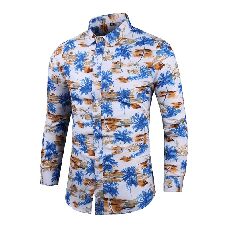 New Fashion Print Shirt Men Long Sleeve Turn Down Collar Casual Shirts Mens Single Breasted Slim Party Holiday Blouse Man 7XL