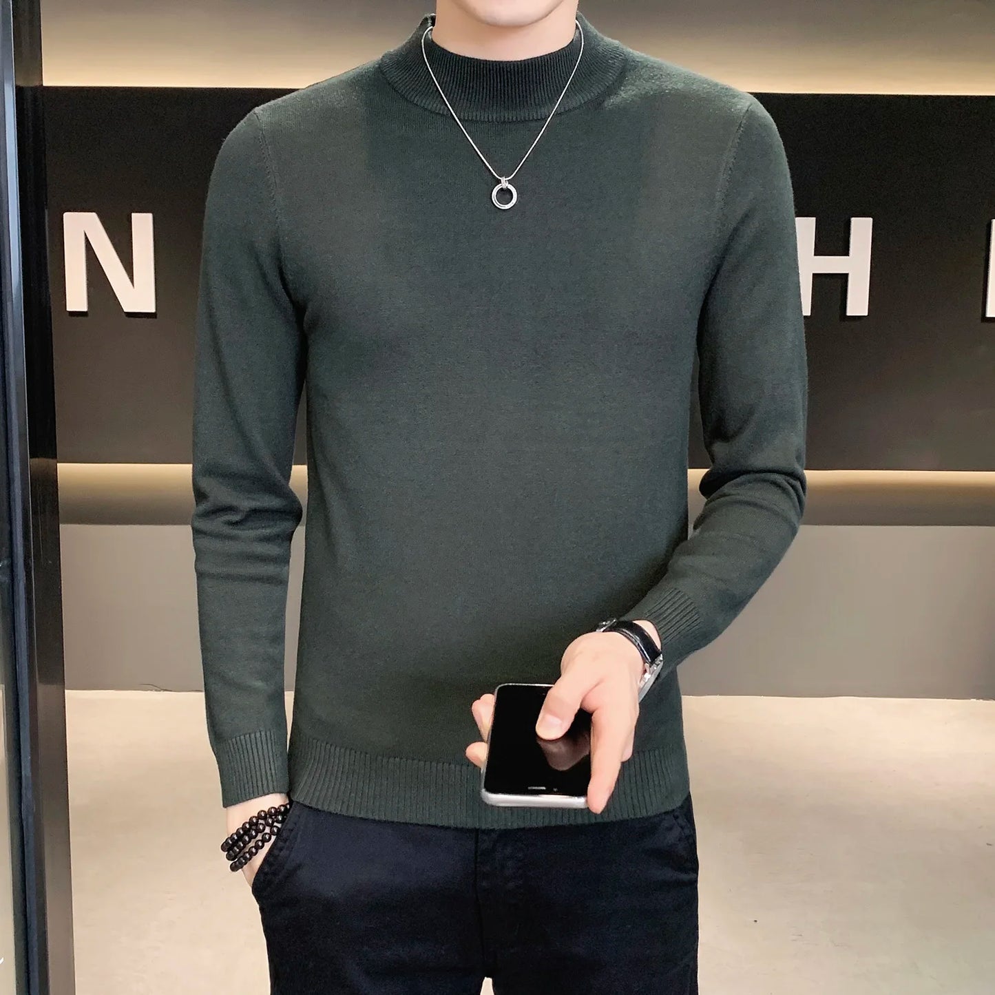 Herbst Winter lose lässig Mock Neck Sweater Männer Mode Strick pullover Männer einfarbig warm Harajuku Strick pullover Mann