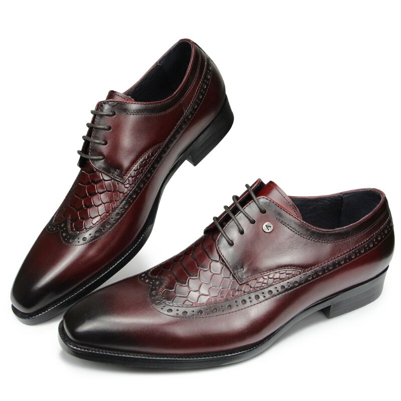 Luxury Men Dress Shoes Derby Brogue Shoe Social Office Crocodile Pattern Lace Up Carved Handmade Comfort Rubber Bottom Footwear