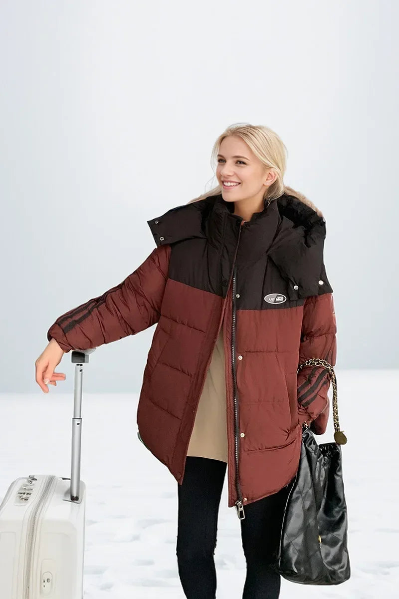 2024 neue Winter Damen jacke Kontrast lässig Kapuze Daunen Baumwoll jacke weiblich verdicken warme lose Puffer gepolsterte Parkas Mäntel