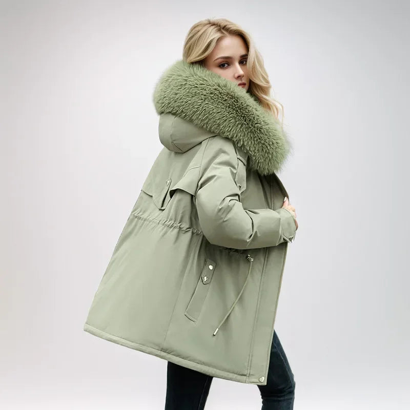 Frauen Parka Mode Lang mantel Wolle Liner Kapuze Parkas 2024 neue Winter jacke schlank mit Pelz kragen warmer Schnee tragen gepolsterte Kleidung