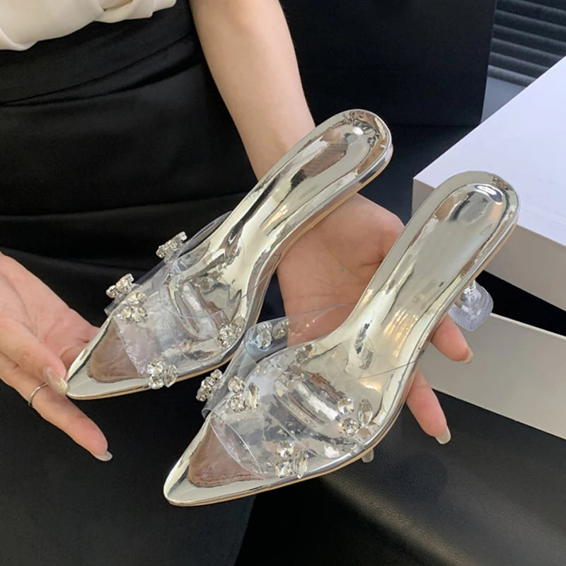 Liyke Kristall PVC transparente Hausschuhe für Frauen Panto letten High Heels Silber spitzen Zehen flache Rutschen Schuhe klare Sandale weiblich