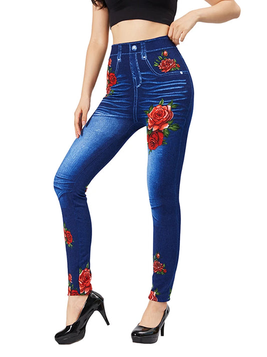 CUHAKCI Elegant Women Casual Fake Jeans Red Rose Flower Print Vintage Stretch Pencil Pants Slim Fit Thin Workout Yoga Jeggings