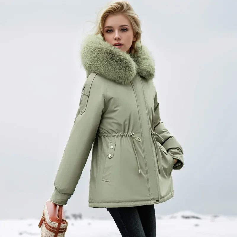 Frauen Parka Mode Lang mantel Wolle Liner Kapuze Parkas 2024 neue Winter jacke schlank mit Pelz kragen warmer Schnee tragen gepolsterte Kleidung