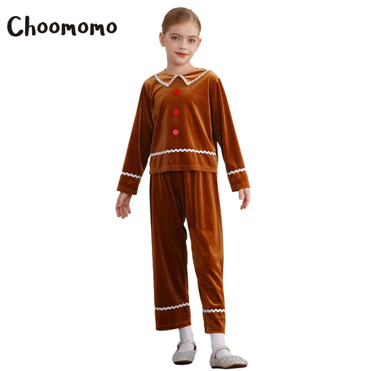 Girls Christmas Gingerbread Man Costume Velvet Long SleeveTop with Pants for Xmas Holiday Cookie Cosplay Dress Up Party