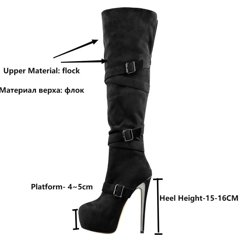 Only maker Frauen schwarze Plattform über dem Knie Stiefel 16cm High Heel Stiletto Schnalle High Back Reiß verschluss Plus Size Stiefel