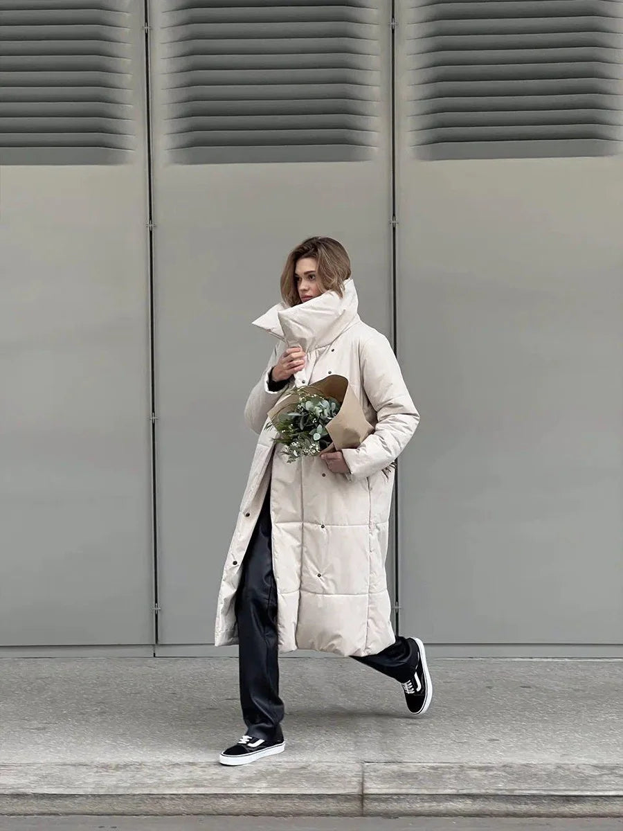 Bornladies Frauen Lose Steppjacken Parkas Wintermäntel Übergroße Warme Lange Gürtel Pufferjacken Damen Baumwolle Gefütterte Jacke